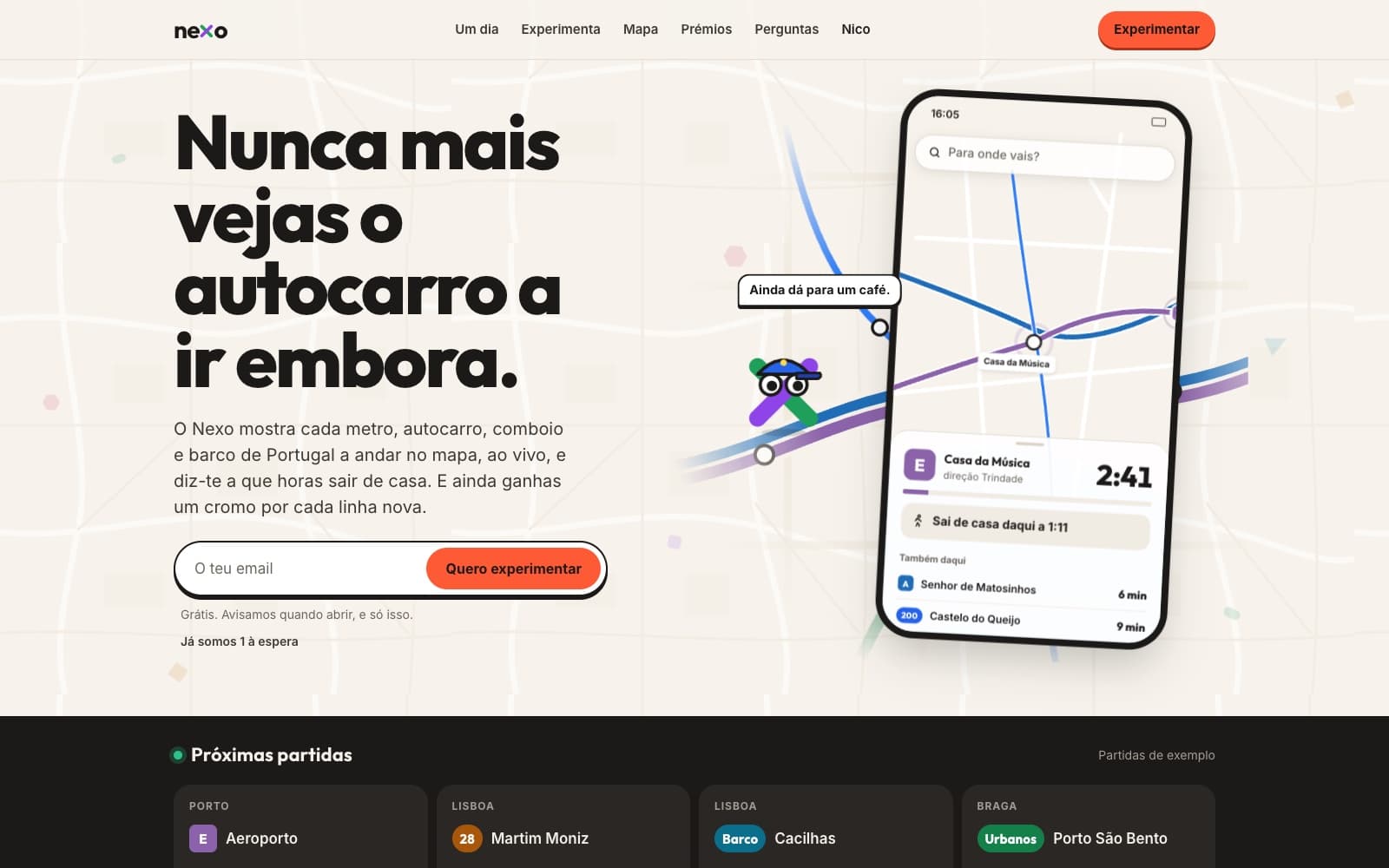 Where Nexo opens: the landing page, with Nico and a phone showing when to leave home.