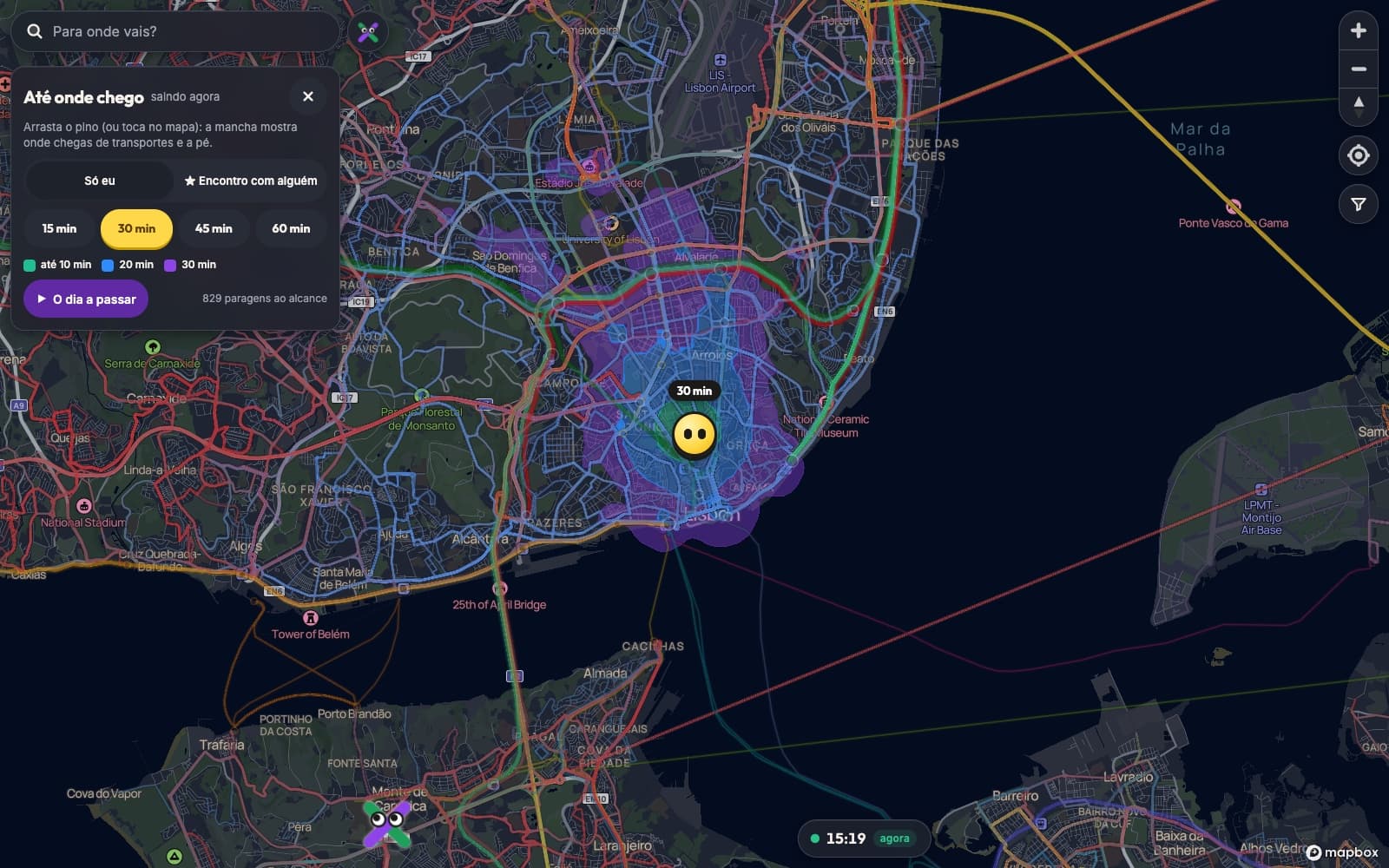 Até onde chego: everywhere reachable in 30 minutes from a pin, by transit and on foot.