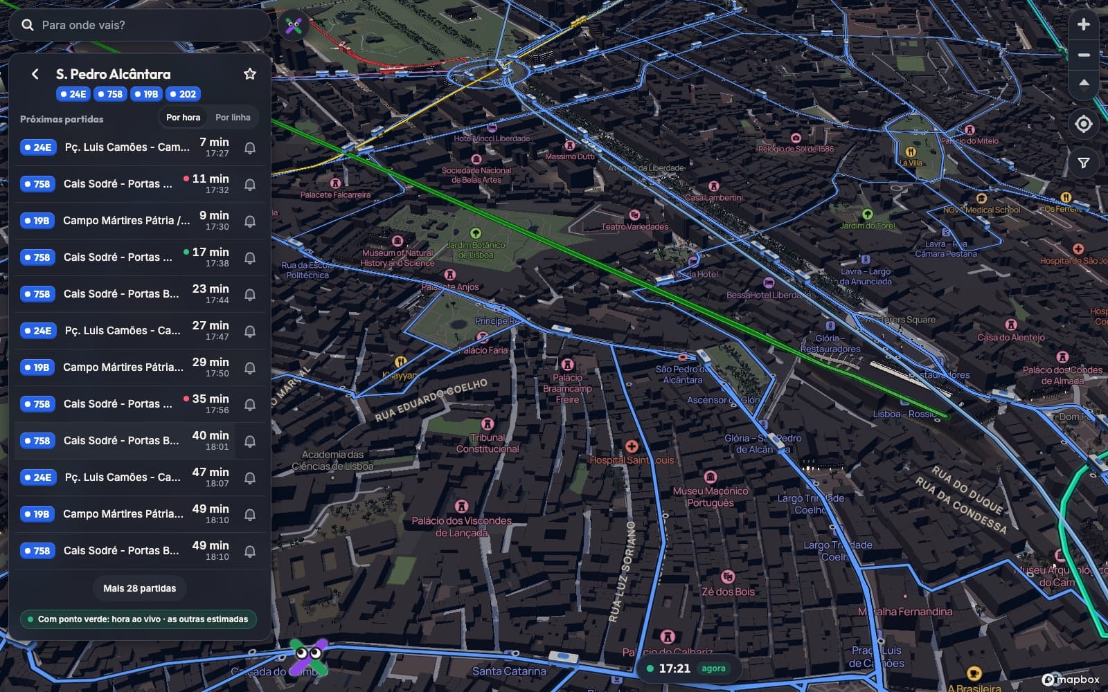 A stop's next departures, live where there is GPS, over the city in 3D.