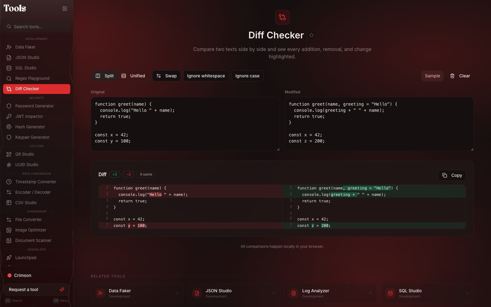 Diff Checker: two texts side by side, down to the changed characters.