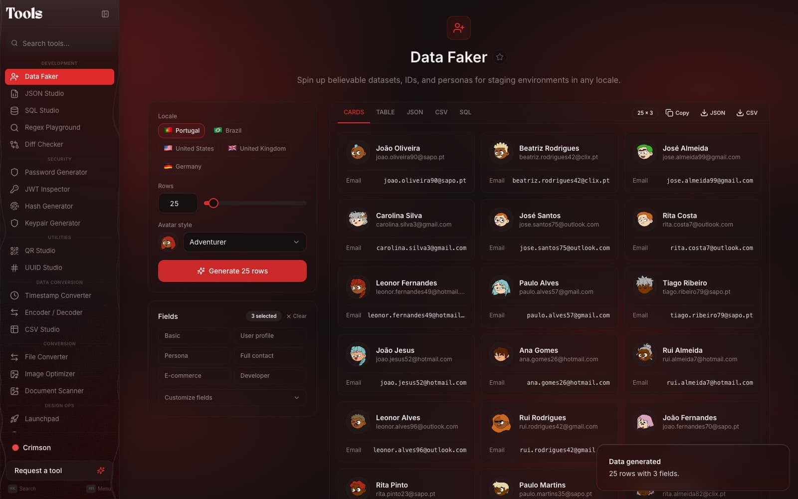 Data Faker: believable people per locale, exported as cards, table, JSON, CSV or SQL.