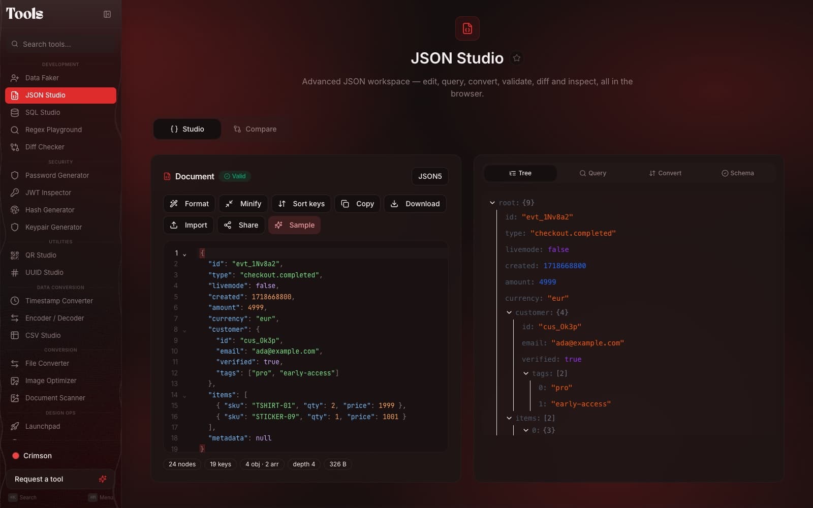 JSON Studio: edit, format, query, convert and inspect, with the document as a live tree.