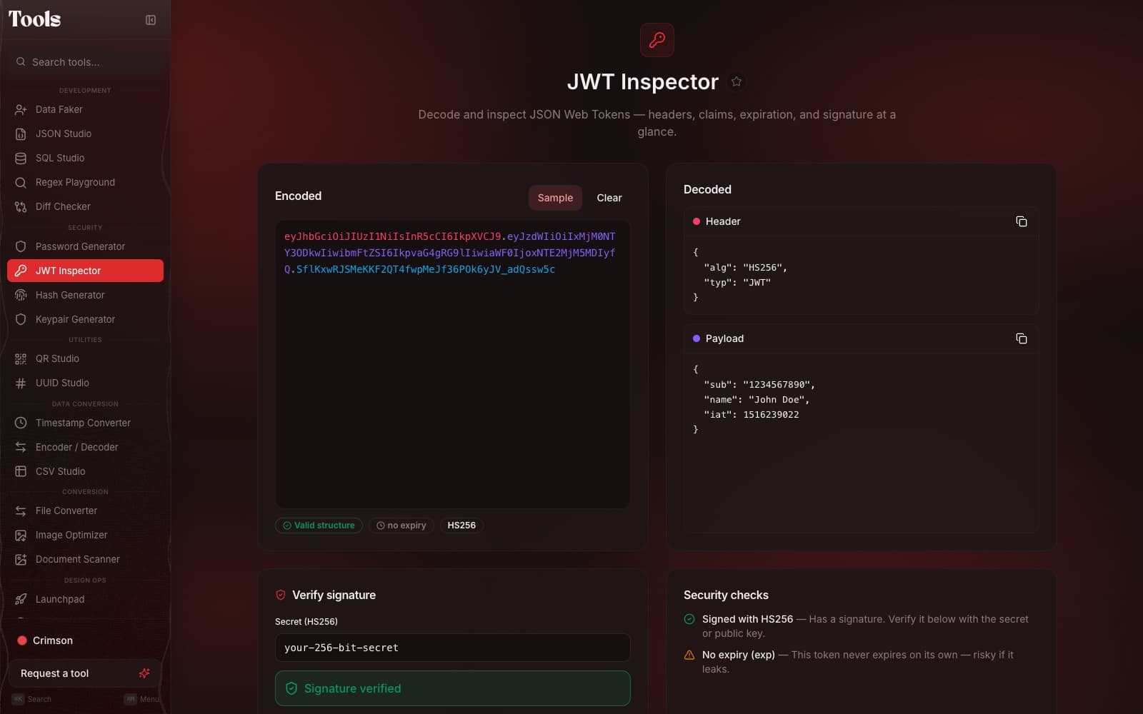 JWT Inspector: header and payload decoded, the signature verified and a security audit of the token.
