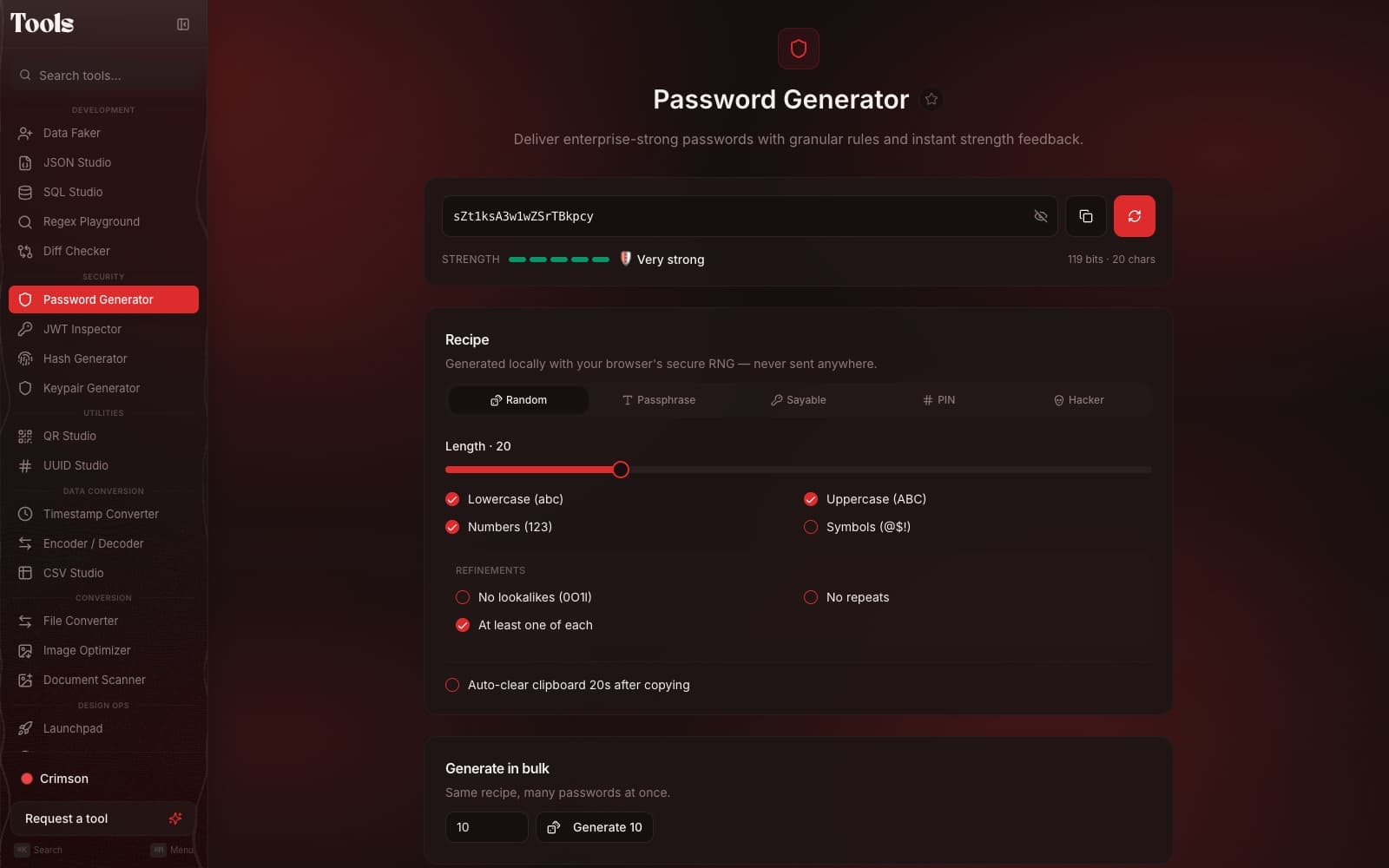 Password Generator: recipes, refinements and a live strength meter, generated with the browser's secure RNG.