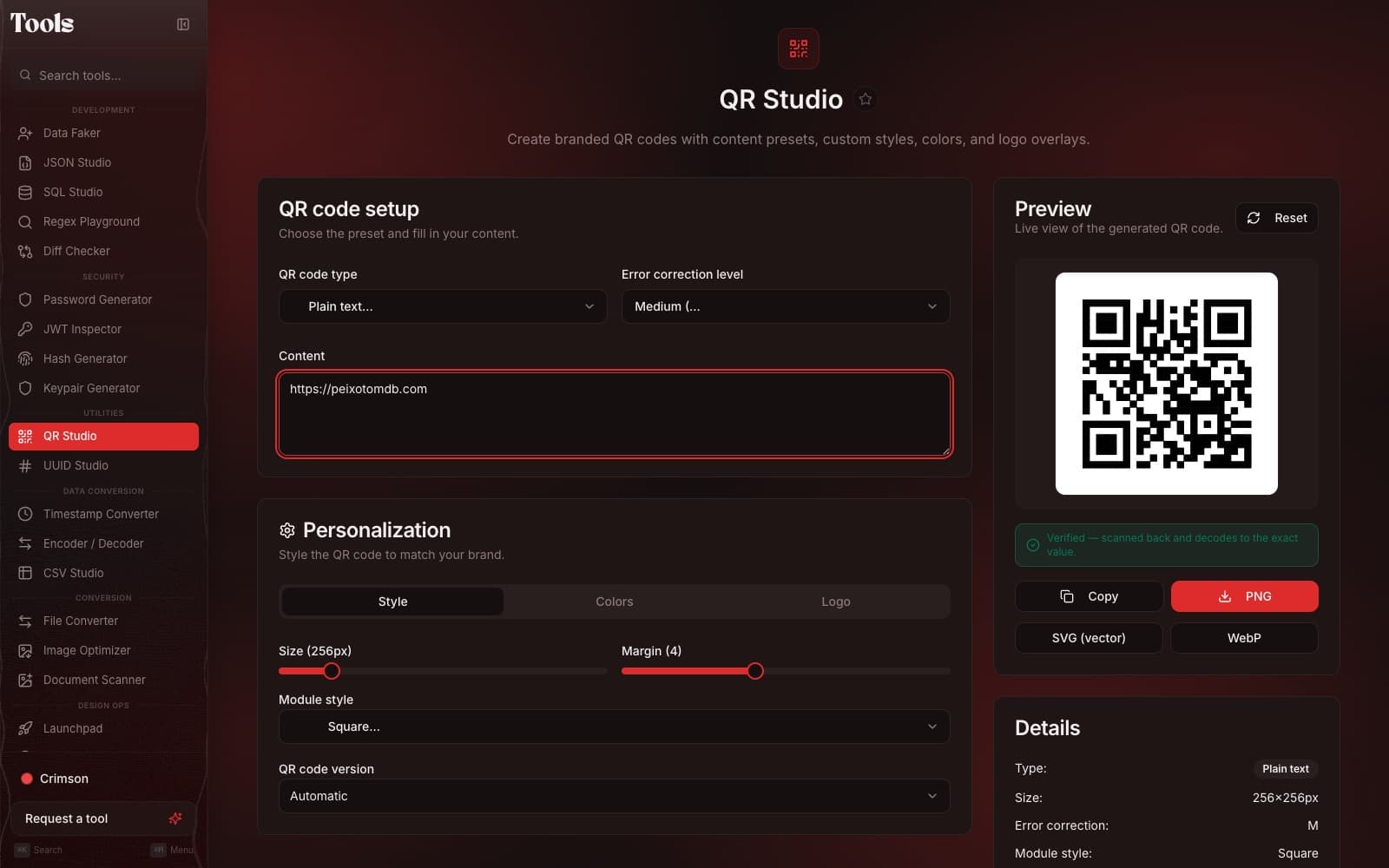 QR Studio: presets, styles, colours and logos, with every code scanned back to check it reads.
