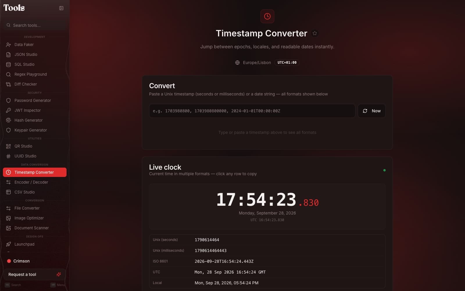 Timestamp Converter: a live clock in every format, Unix seconds and milliseconds, ISO 8601, UTC and local time.